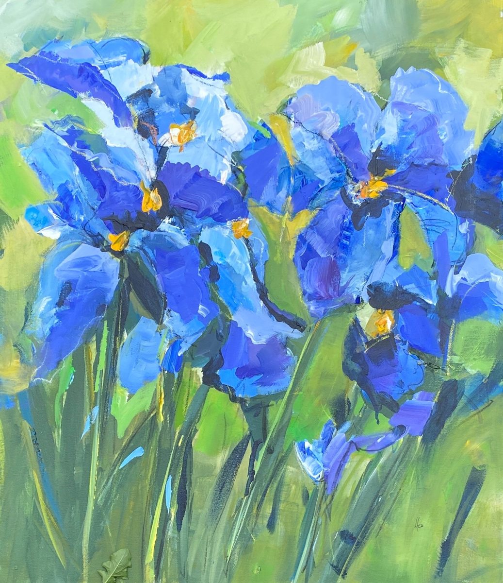 Blaue Schwertlilien vor grünem Grund, expressiv gemalt